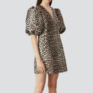 Ganni Leopard Jacquard Crisp Puff-Sleeve Mini Dress sz 40 (medium)